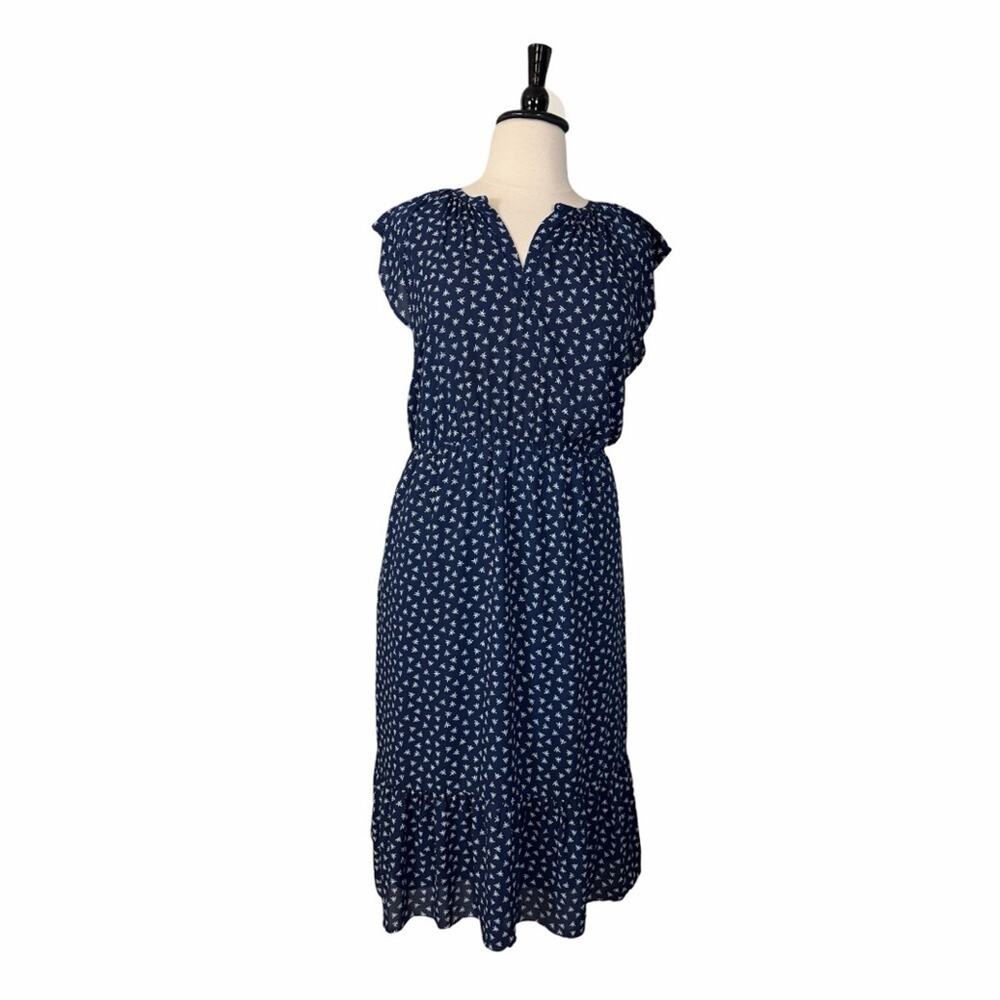 J. Crew Midi Dress Blouson Flutter Sleeve Navy Blue Star Print Women’s Size XLT - Picture 12 of 13